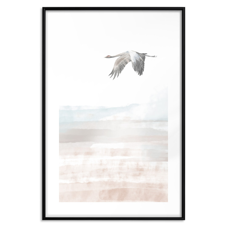 Poster Crane Flight - landscape of a bird flying against a white sky in a watercolor motif 137922 additionalImage 13