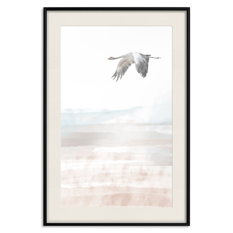 Poster Crane Flight - landscape of a bird flying against a white sky in a watercolor motif 137922 additionalImage 18