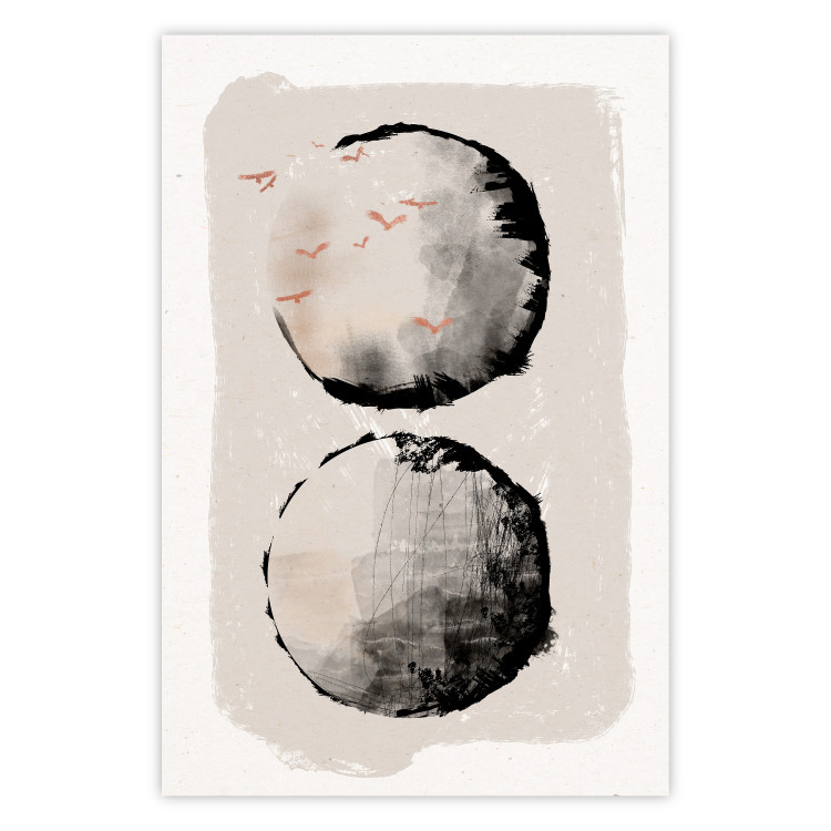 Wall Poster Two Moons - Expressive Circles in Beige and Black Tones 145322