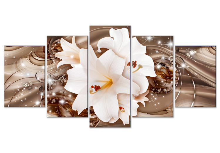 Canvas Print Delicate Lilies (5-piece) - composition in flowers and stars in sepia 148922