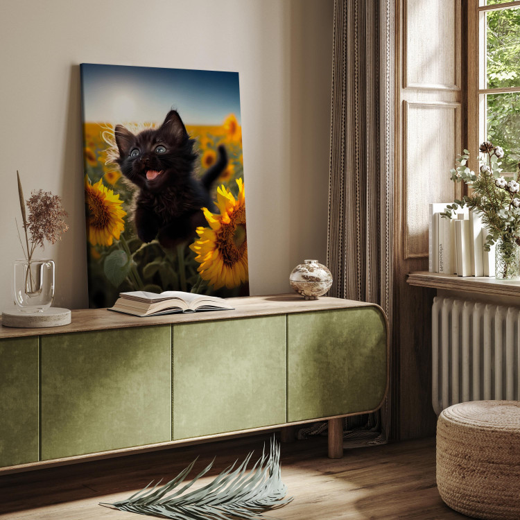 Canvas Art Print AI Cat - Black Animal Dancing in a Field of Sunflowers in a Sunny Glow - Vertical 150122 additionalImage 11