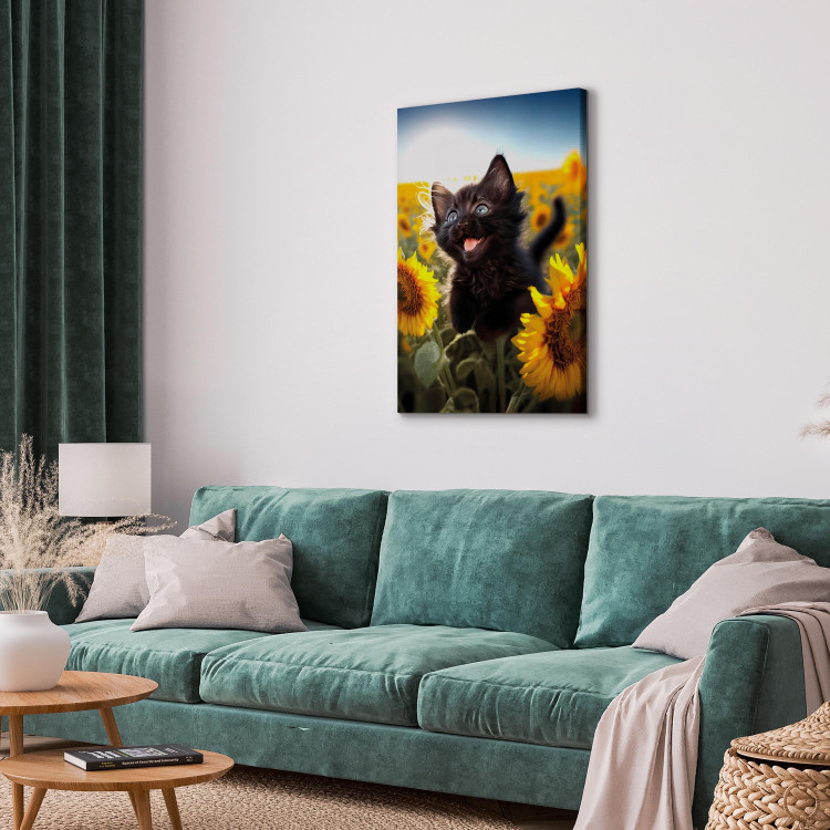 Canvas Art Print AI Cat - Black Animal Dancing in a Field of Sunflowers in a Sunny Glow - Vertical 150122 additionalImage 10