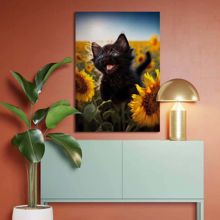 Canvas Art Print AI Cat - Black Animal Dancing in a Field of Sunflowers in a Sunny Glow - Vertical 150122 additionalImage 9