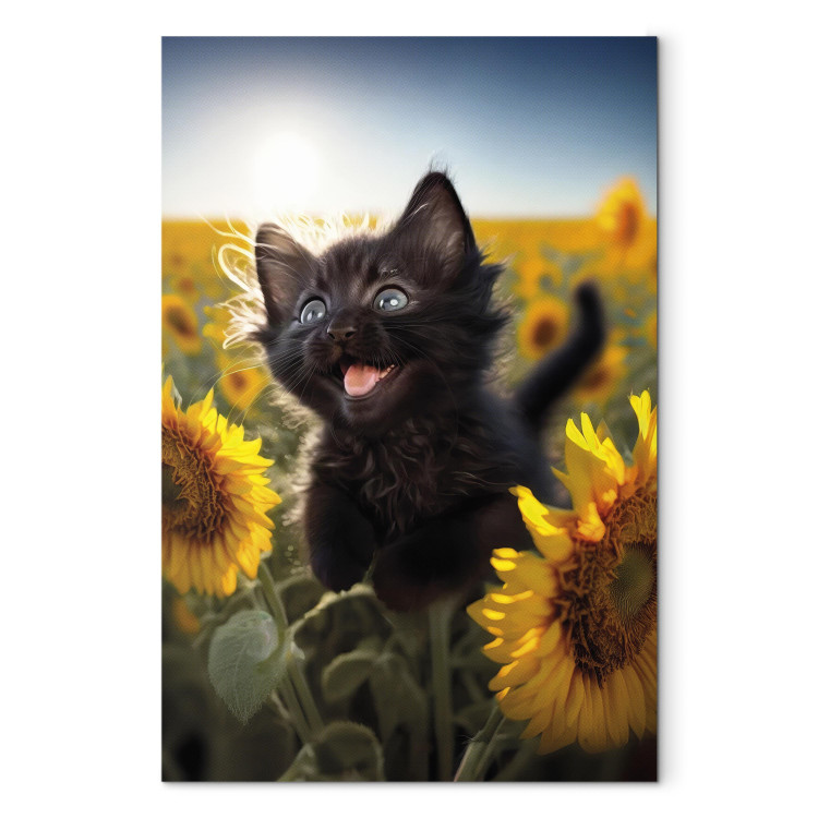 Canvas Art Print AI Cat - Black Animal Dancing in a Field of Sunflowers in a Sunny Glow - Vertical 150122