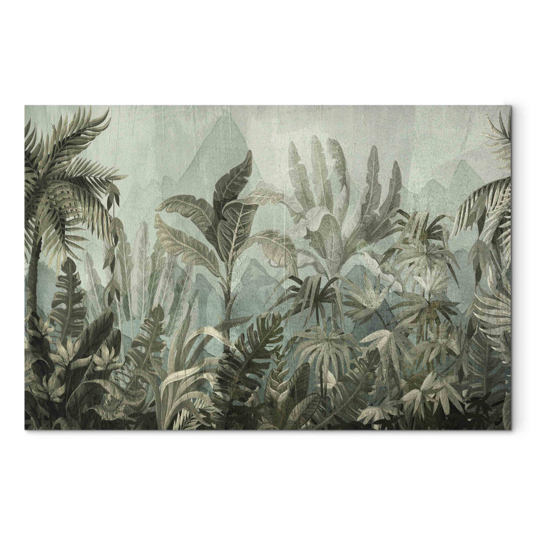 Canvas Mountain jungle - dark green composition with leaves and trees 151222