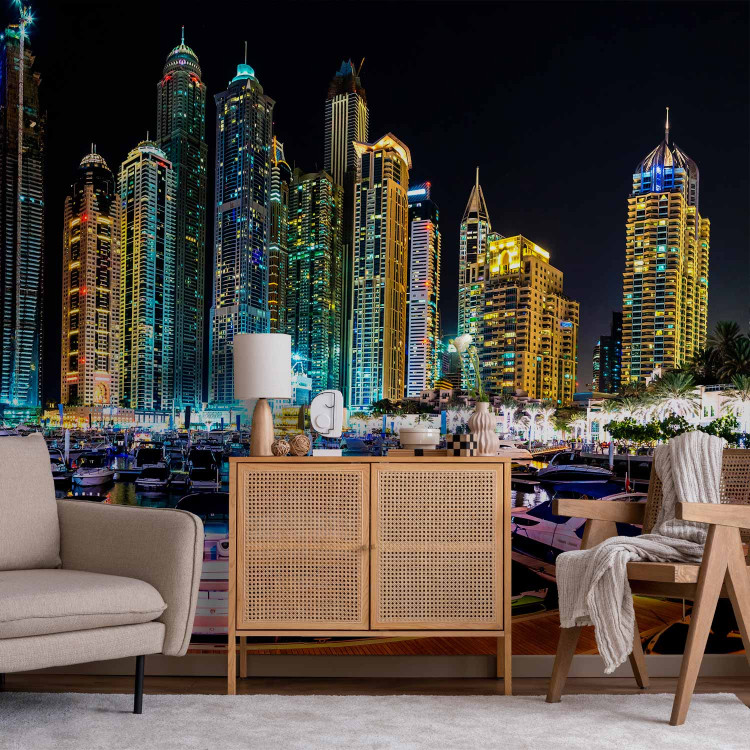 Wall Mural Night in Dubai and Marina - modern boats against city architecture 99122