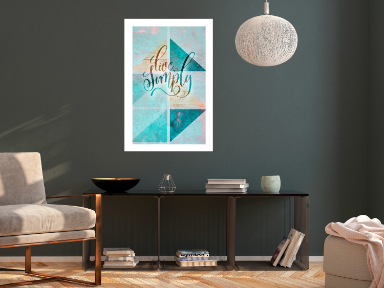 Wall Poster Live simply - English text on a blue background with wooden pieces 114332 additionalImage 2