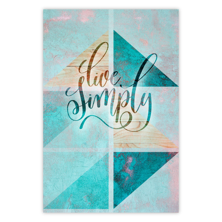 Wall Poster Live simply - English text on a blue background with wooden pieces 114332