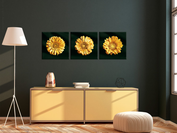 Canvas Art Print Golden sunflowers - glamour style triptych with golden flowers 132132 additionalImage 3