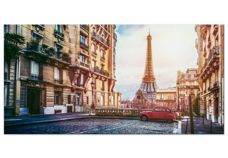 Canvas View of the Eiffel Tower (1-piece) wide - shot on a Parisian street 145132