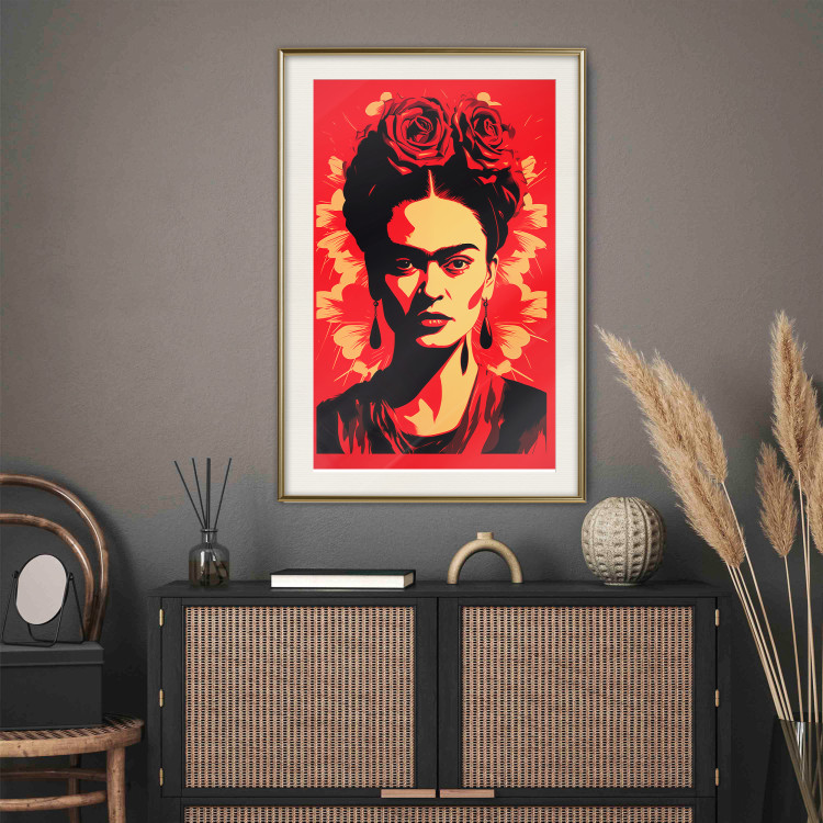 Wall Poster Portrait of Frida - A Poster-Like Representation of the Painter on a Red Background 152232 additionalImage 18