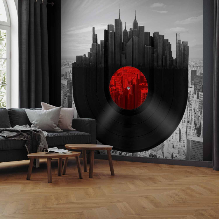 Wall Mural Music of New York - Vinyl Record against the Grayscale Architecture Background 61632