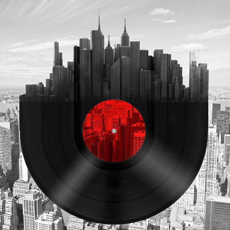 Wall Mural Music of New York - Vinyl Record against the Grayscale Architecture Background 61632 additionalImage 1