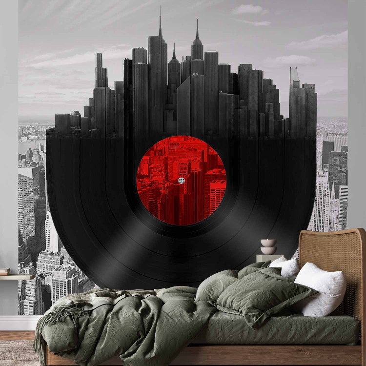 Wall Mural Music of New York - Vinyl Record against the Grayscale Architecture Background 61632 additionalImage 2