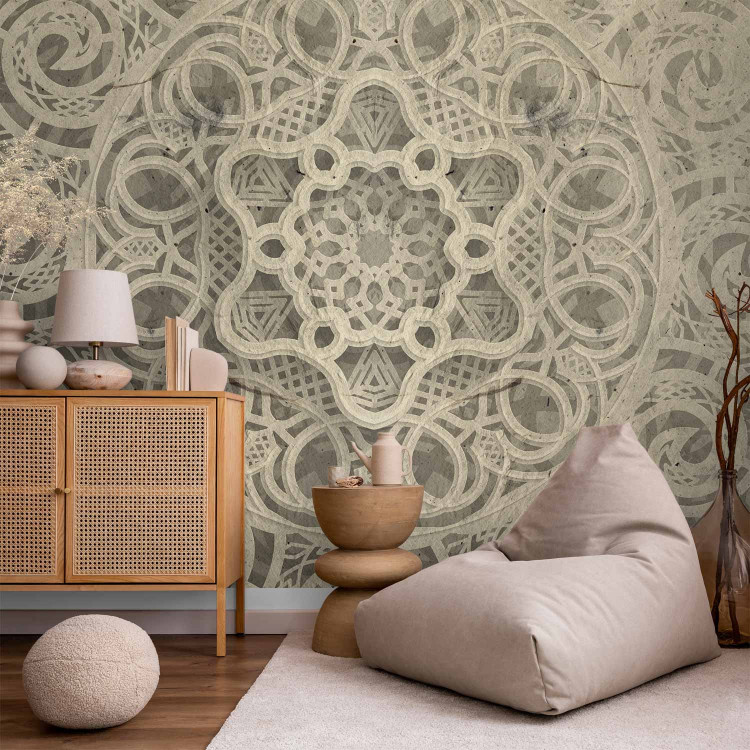 Photo Wallpaper Song of delicacy - beige mandala-type ornaments on a grey background 94932