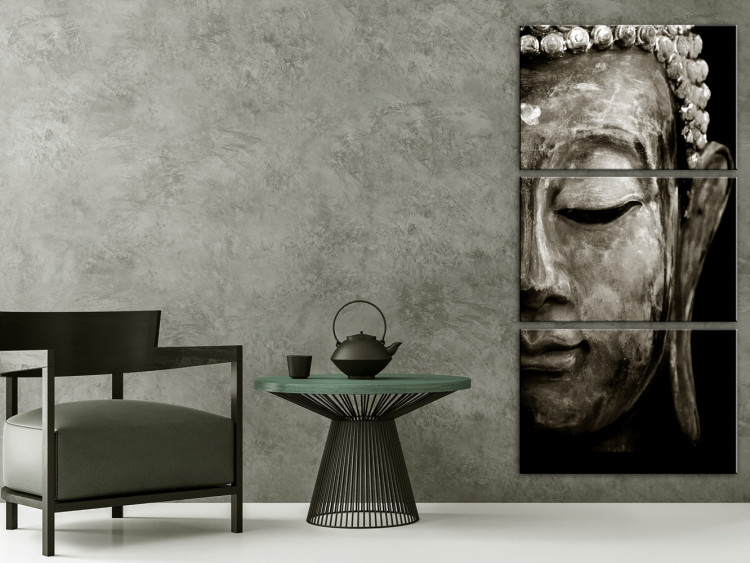 Canvas Art Print Buddha's Dream (3-piece) - Oriental Zen Style Sculpture on Black Background 106742 additionalImage 3