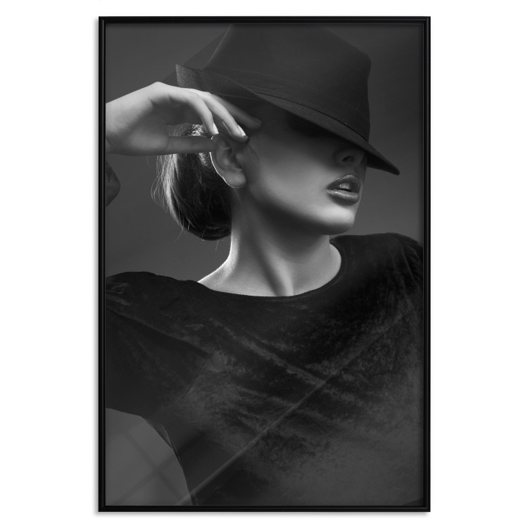 Poster Dreamer - black and white elegant portrait of woman with hat 123642 additionalImage 24