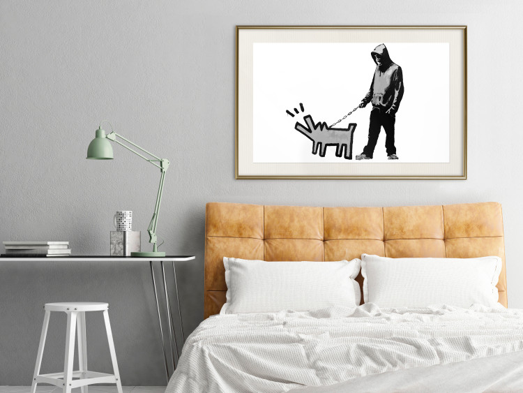 Wall Poster Dog Art - black and white character holding a dog on leash in Banksy style 124442 additionalImage 16