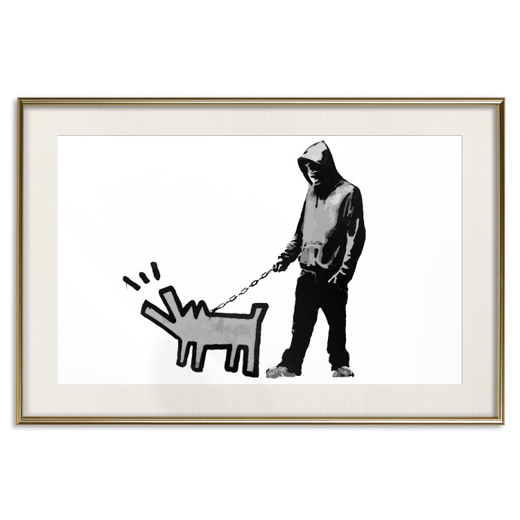 Wall Poster Dog Art - black and white character holding a dog on leash in Banksy style 124442 additionalImage 20