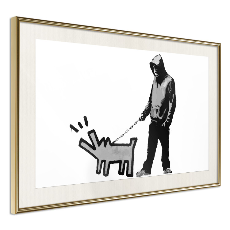 Wall Poster Dog Art - black and white character holding a dog on leash in Banksy style 124442 additionalImage 2