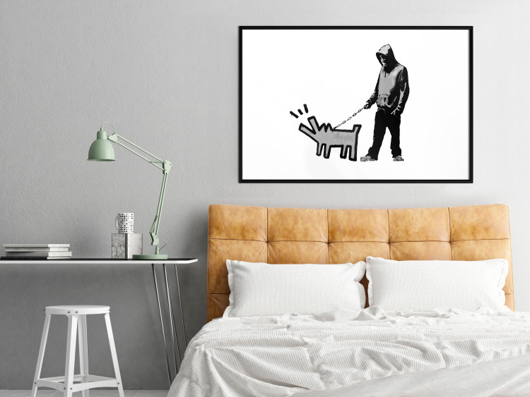 Wall Poster Dog Art - black and white character holding a dog on leash in Banksy style 124442 additionalImage 6