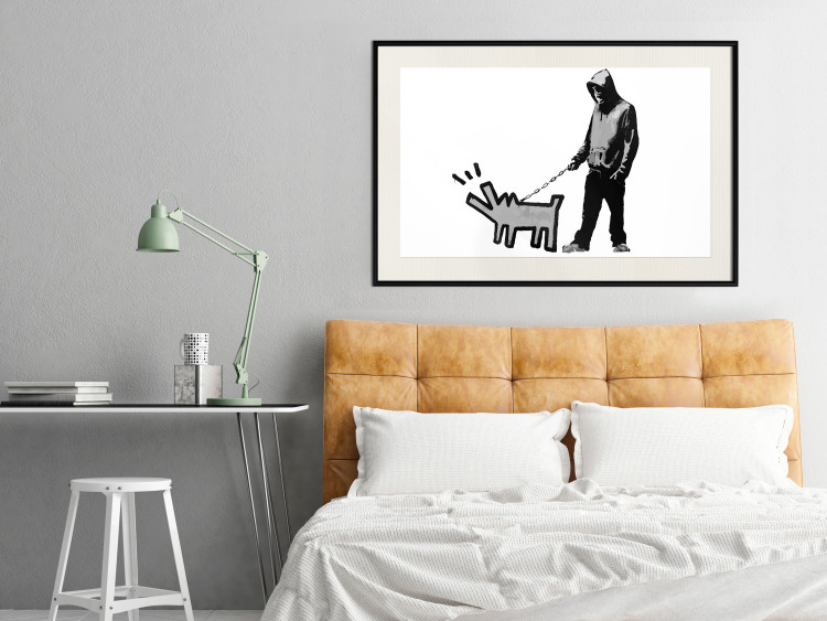 Wall Poster Dog Art - black and white character holding a dog on leash in Banksy style 124442 additionalImage 17