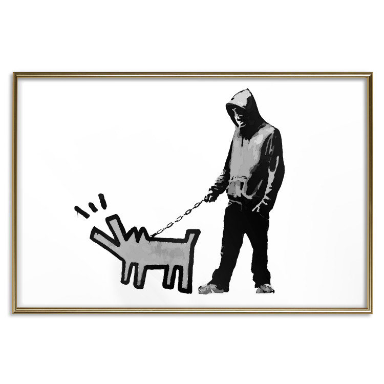 Wall Poster Dog Art - black and white character holding a dog on leash in Banksy style 124442 additionalImage 26