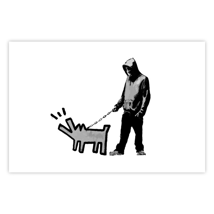 Wall Poster Dog Art - black and white character holding a dog on leash in Banksy style 124442 additionalImage 24