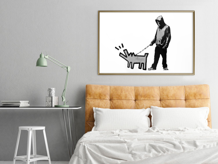 Wall Poster Dog Art - black and white character holding a dog on leash in Banksy style 124442 additionalImage 7