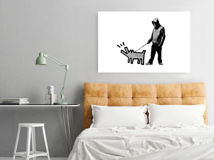 Wall Poster Dog Art - black and white character holding a dog on leash in Banksy style 124442 additionalImage 4