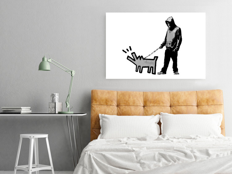 Wall Poster Dog Art - black and white character holding a dog on leash in Banksy style 124442 additionalImage 23