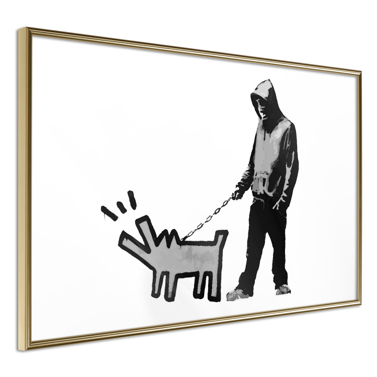 Wall Poster Dog Art - black and white character holding a dog on leash in Banksy style 124442 additionalImage 14