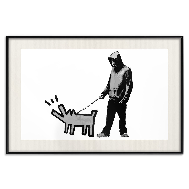 Wall Poster Dog Art - black and white character holding a dog on leash in Banksy style 124442 additionalImage 18