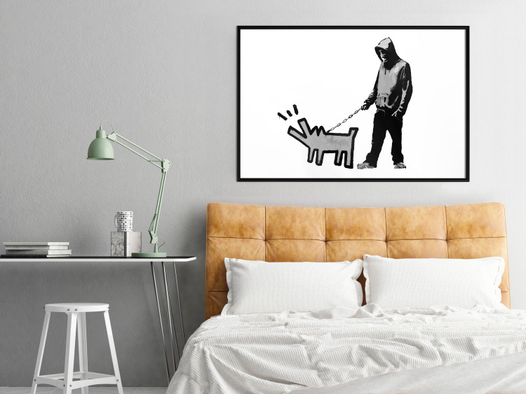 Wall Poster Dog Art - black and white character holding a dog on leash in Banksy style 124442 additionalImage 5