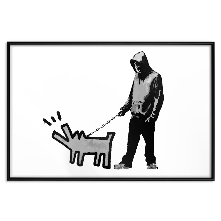 Wall Poster Dog Art - black and white character holding a dog on leash in Banksy style 124442 additionalImage 25