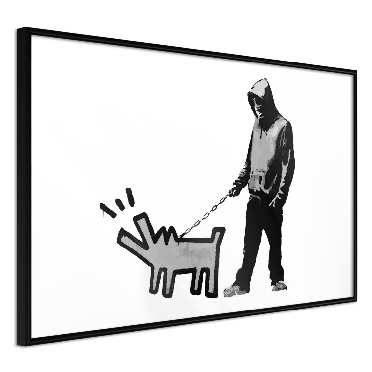 Wall Poster Dog Art - black and white character holding a dog on leash in Banksy style 124442 additionalImage 12