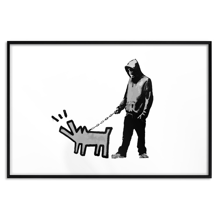 Wall Poster Dog Art - black and white character holding a dog on leash in Banksy style 124442 additionalImage 27