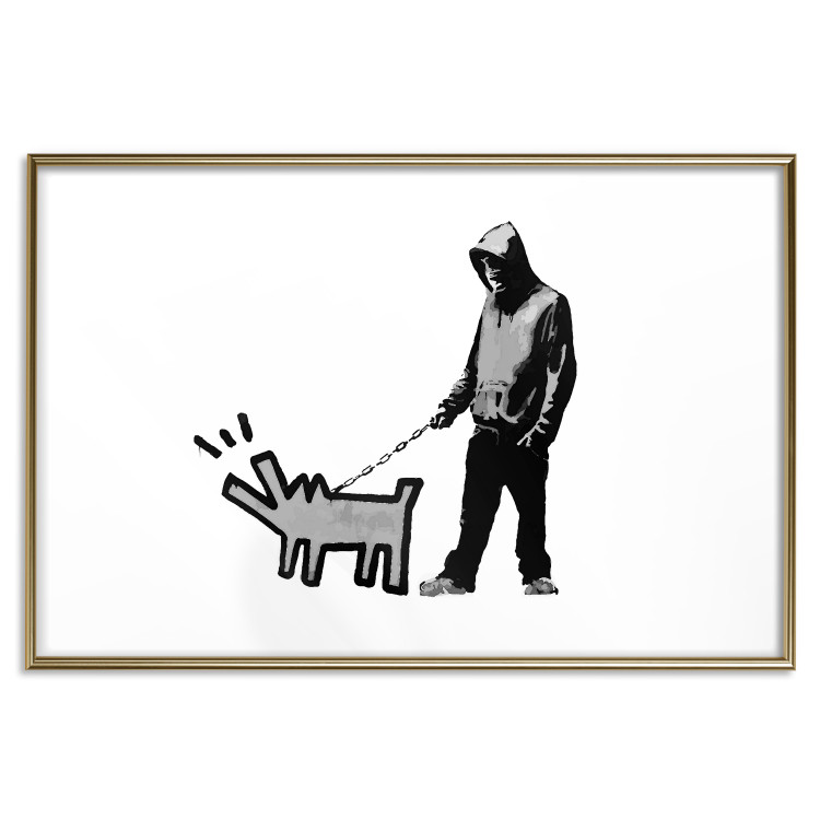 Wall Poster Dog Art - black and white character holding a dog on leash in Banksy style 124442 additionalImage 19