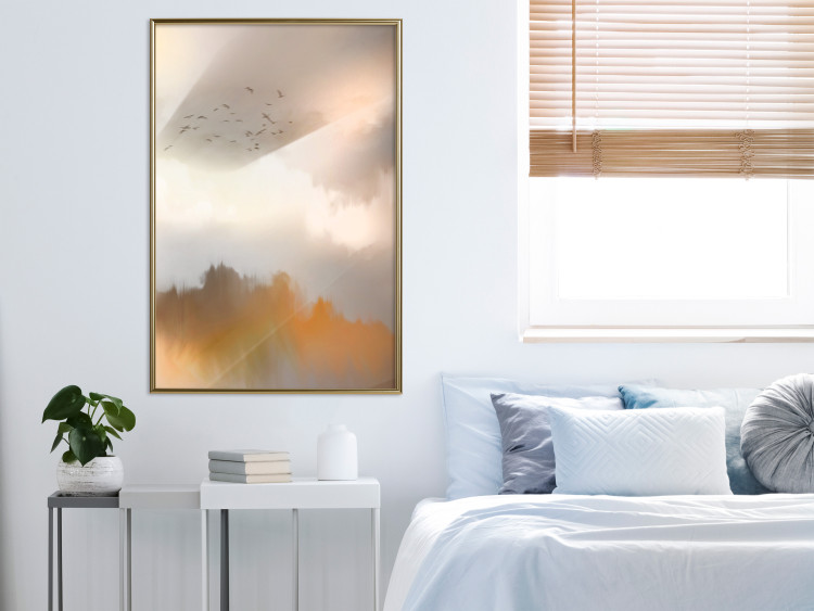 Poster Nostalgia - abstract landscape of birds in the sky in golden hues 126242 additionalImage 7