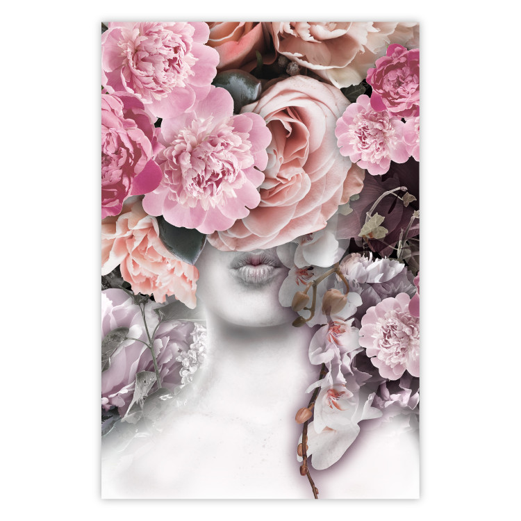 Poster Give a Kiss - abstract portrait of a woman surrounded by light roses 127242
