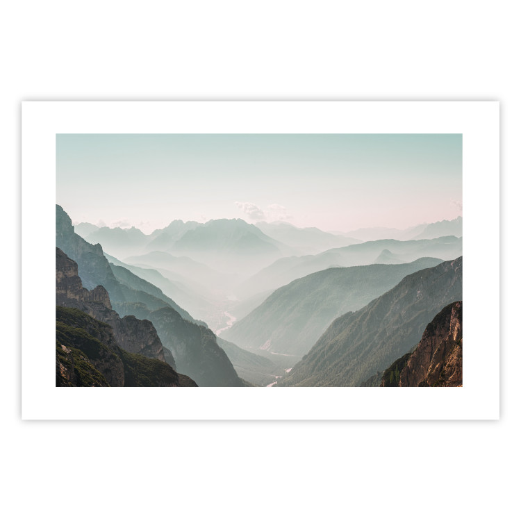 Poster Mountain Horizon - landscape of rocky mountains with a gentle misty glow 129842 additionalImage 25
