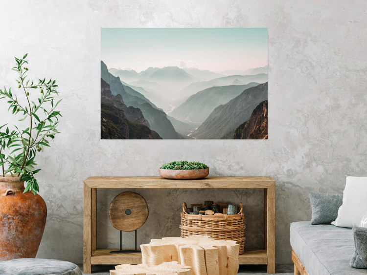 Poster Mountain Horizon - landscape of rocky mountains with a gentle misty glow 129842 additionalImage 4