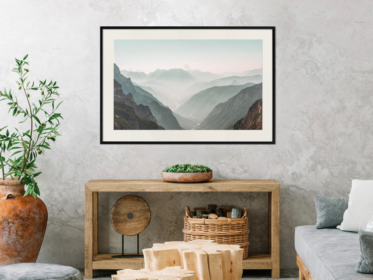 Poster Mountain Horizon - landscape of rocky mountains with a gentle misty glow 129842 additionalImage 24