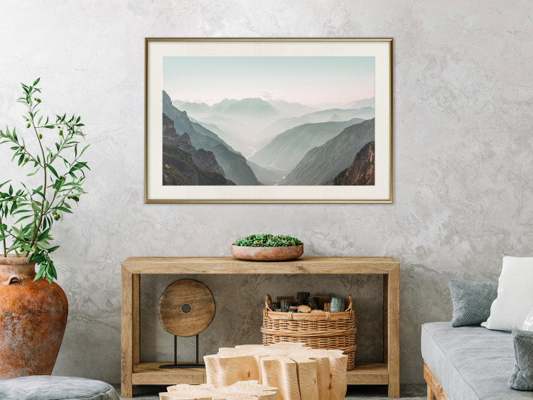 Poster Mountain Horizon - landscape of rocky mountains with a gentle misty glow 129842 additionalImage 22