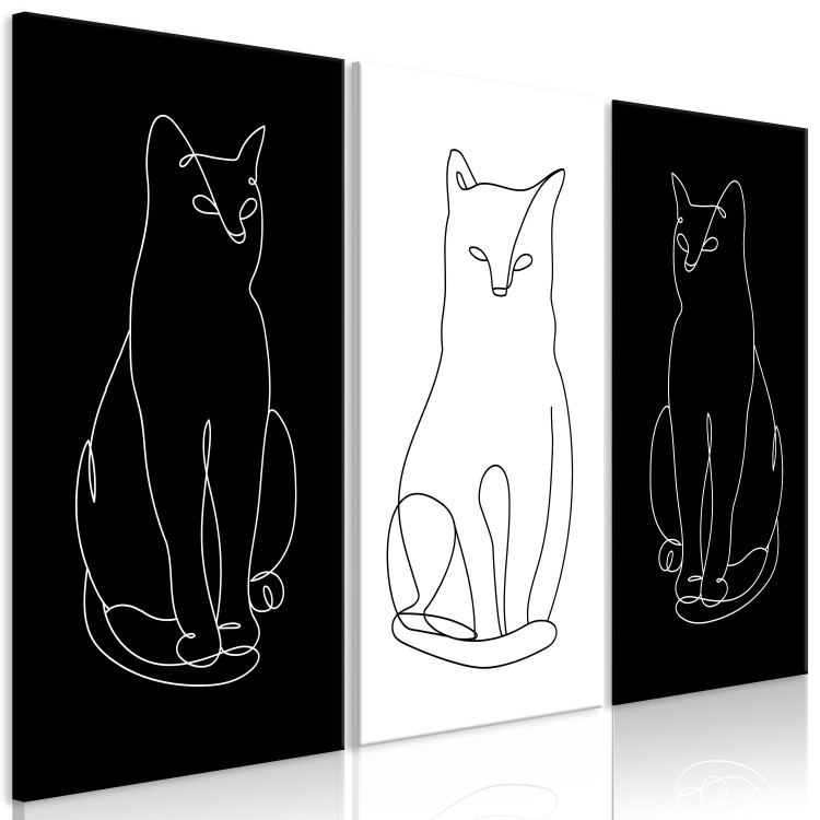 Canvas Elegant Cats (3-piece) - black and white lineart with quadrupeds 142342 additionalImage 2