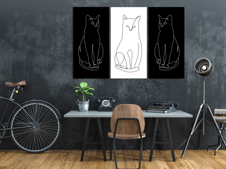 Canvas Elegant Cats (3-piece) - black and white lineart with quadrupeds 142342 additionalImage 3