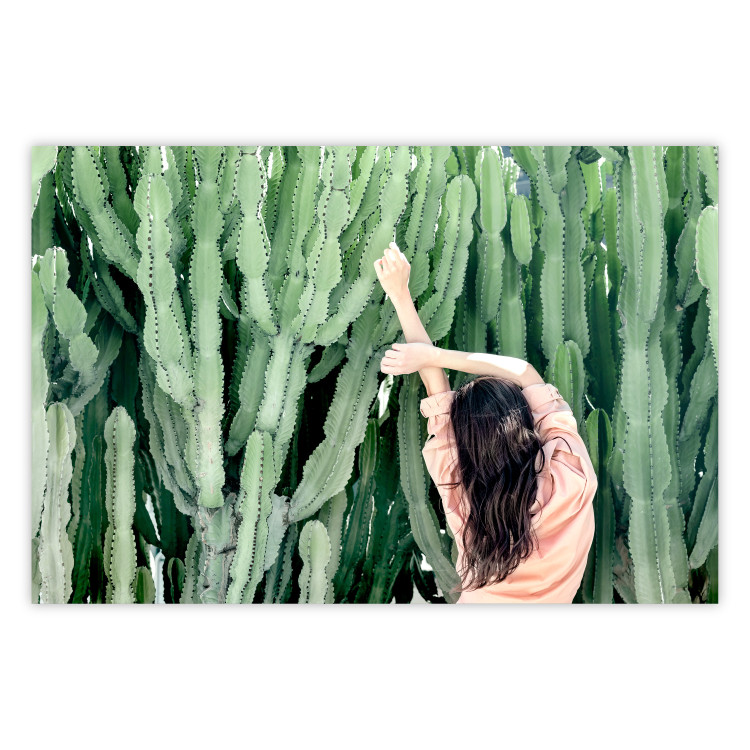 Wall Poster Relax - Green Cactuses and a Young Woman in a Pink Blouse 144342