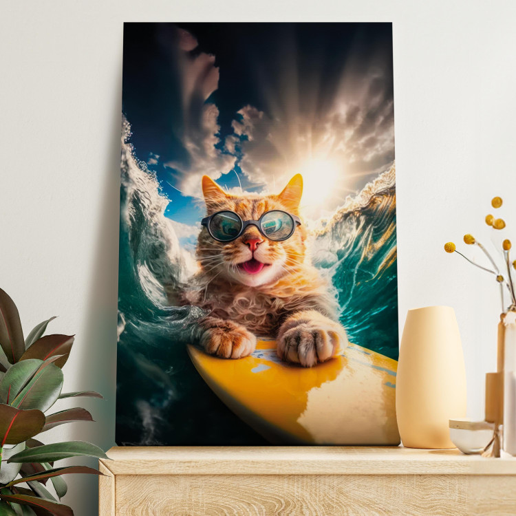 Canvas Art Print AI Cat - Ginger Animal Surfing on a Board in a Stormy Sea - Vertical 150242 additionalImage 5