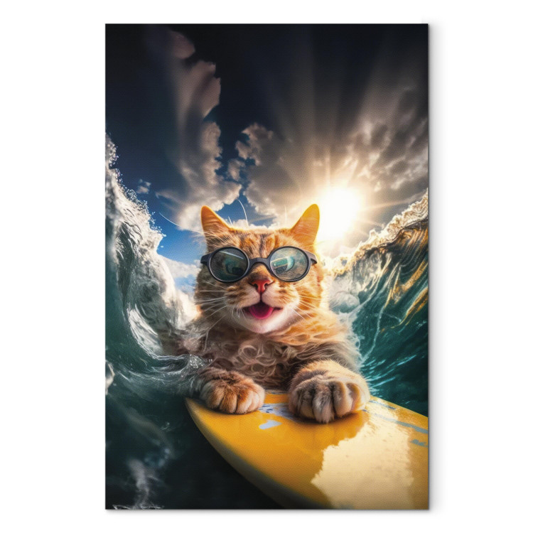 Canvas Art Print AI Cat - Ginger Animal Surfing on a Board in a Stormy Sea - Vertical 150242 additionalImage 7