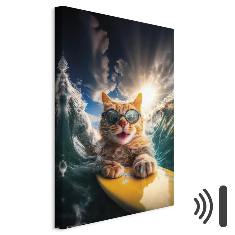 Canvas Art Print AI Cat - Ginger Animal Surfing on a Board in a Stormy Sea - Vertical 150242 additionalImage 8